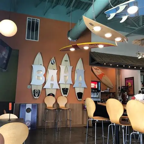 Interior of the Baha Burger Vestavia location with dining tables and seating.